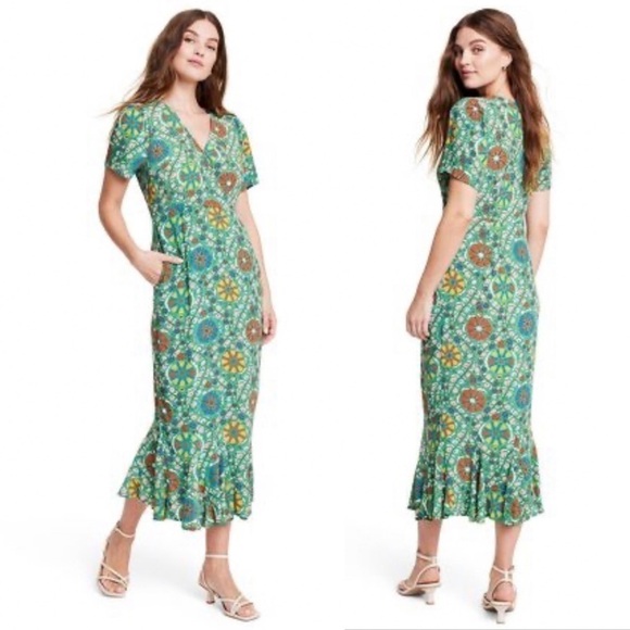 NWT RHODE x Target Zinnia Floral Print Short Sleeve Midi Dress Green/Red/Yellow - Picture 4 of 16